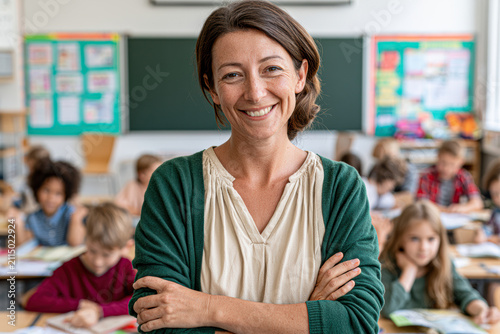 Smiling female teacher stands confidently with arms crossed in a classroom while students focus on their work in the background.
