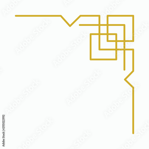 Intricate golden art deco corner design with overlapping squares and angular lines, sophisticated vintage ornamental motif, decorative element for graphic design, elegant border accent, abstract.