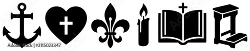 Fotografie Christian symbols set including open bible anchor heart and prayer kneeler in mi
