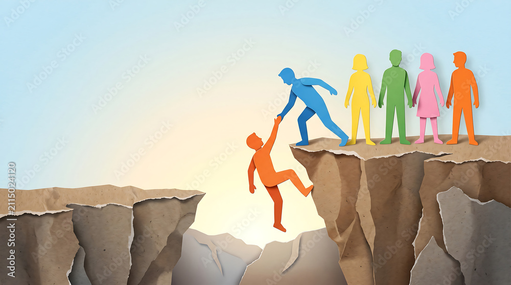 Fototapeta premium Person helping another climb towards diverse group standing on higher ground