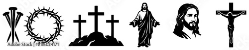 Jesus Christ figures and crucifixion symbols including calvary and crown of thorns in silhouette style