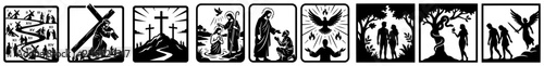 Biblical scenes collection including stations of the cross and story of adam and eve in black icon style