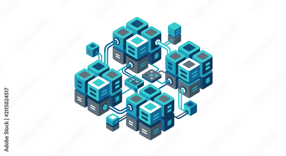 Naklejka premium Futuristic interconnected data blocks network visualization.