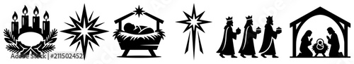 Fotografie Christmas Nativity scene and Advent religious symbols silhouette collection