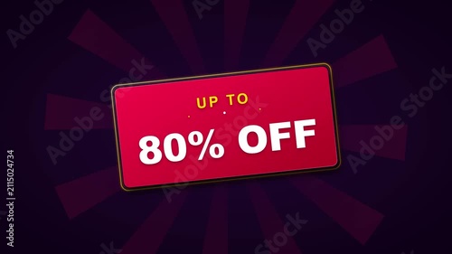 Up to 80% off sale promotion motion with red tag and dark purple background discount