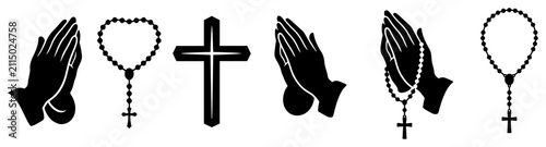 Foto Praying hands and holy rosary icons for Christian devotion in black vector style