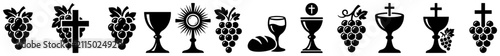 Eucharist and holy communion symbols featuring chalice grapes bread and monstrance in vector style
