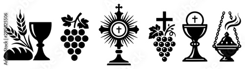 Holy communion symbols including monstrance chalice and grapes in black silhouette style