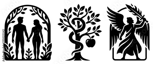 Photography Adam and Eve biblical story with tree of knowledge and archangel in black silhou