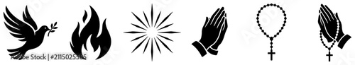 Foto Praying hands and rosary beads with Holy Spirit dove and fire silhouette icons