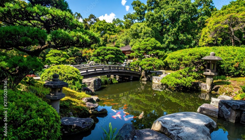 Fototapeta premium Traditional Japanese garden with wooden bridge and lush trees.
