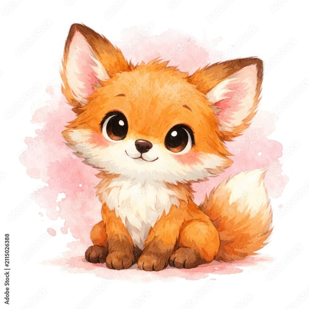 Fototapeta premium Adorable cartoon fox with big eyes and fluffy tail on a pink background.