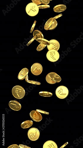 Falling indian rupee gold coins – 3d render looped with alpha channel.