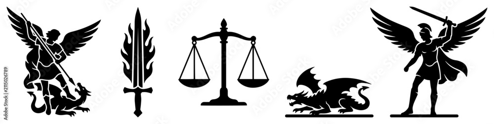 Obraz premium Archangel Michael defeating dragon with flaming sword and scales of justice symbols in silhouette style