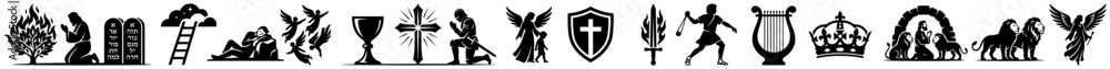Obraz premium Biblical stories and religious symbols from old and new testament in black silhouette style
