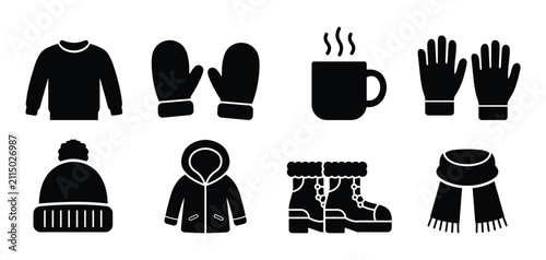 Winter Weather and Clothing Icons Set in Black Silhouette Vector