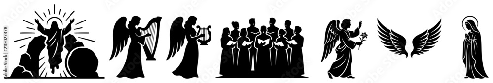 Obraz premium Heavenly choir and musical angels with risen Christ and Virgin Mary icons in black flat style