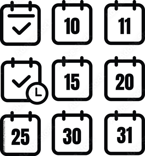 Calendar Date Icons Collection with Daily Number Planner Symbols