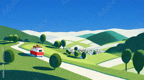 緑の丘を走る赤い車と青空 のどかな田園風景のアニメ風イラスト