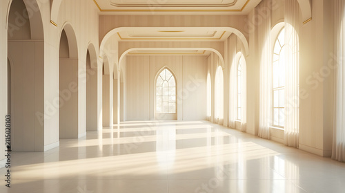 An elegant hall featuring arched doorways, high ceilings with gold accents, and large windows casting warm, bright sunlight across a pristine, polished marble floor