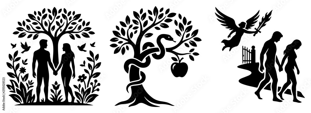 Obraz premium Adam and Eve story in the Garden of Eden from temptation to expulsion in black vector style