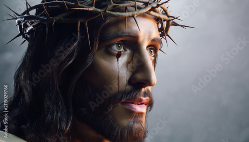 Portrait of a man with crown of thorns and blood representing religious sacrifice and symbolic spiritual suffering for redemption