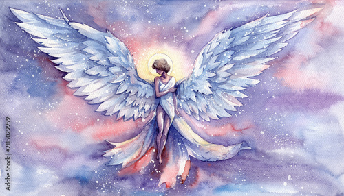 Beautiful watercolor illustration of a guardian angel with large white wings flying in a starry sky filled with pastel clouds