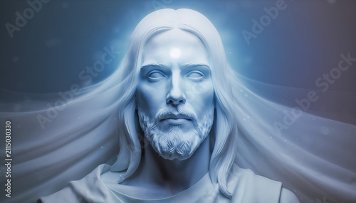 Ethereal Portrait of a Divine Figure with Radiant Blue Glow and Flowing Hair Representing Spiritual Enlightenment and Celestial Peace