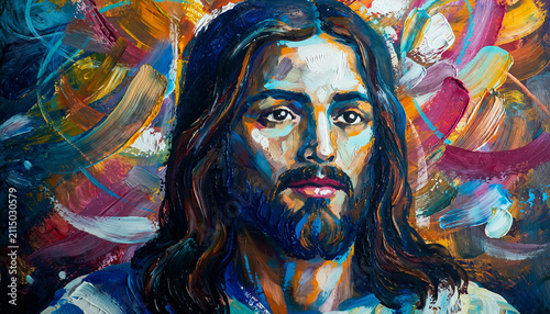 Expressive oil painting portrait of Jesus Christ, rendered with vibrant, bold brushstrokes, embodying spiritual grace and profound reverence against an abstract, luminous background