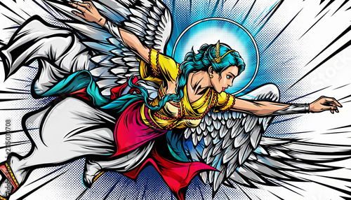 Dynamic Illustration of a Celestial Female Angel with White Wings Flying Through a Radiant Blue Light
