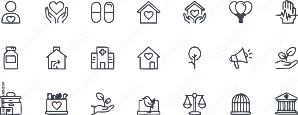 Fototapeta premium Health Insurance and Family Protection Line Icon Set with Medical House Pills and Care Symbols