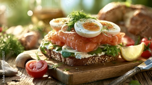 Delicious open-faced sandwich with smoked salmon, boiled eggs, fresh herbs, greens, and cherry tomatoes on rustic wooden table, vibrant natural background