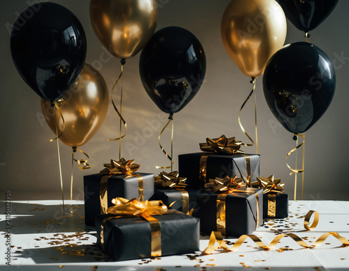 Luxury Black and Gold Party Background with Floating Metallic Balloons Wrapped Gift Boxes and Scattered Confetti for Birthday or Black Friday