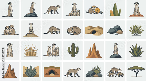 Meerkat vector icon set with desert animals burrowing mounds cactus succulents and savanna landscape elements