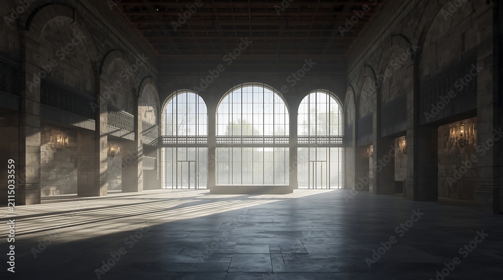 Naklejka premium Grand Hall with Arched Windows and Sunlight Beams.