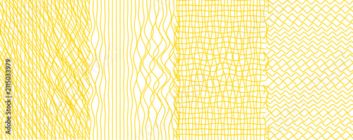 Yellow guilloche pattern set for security documents, decorative certificate border elements, 4 vector line art textures for currency and diploma design