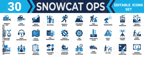 Fotografie Set of thirty snowcat operation and mountain resort maintenance icons for winter sports and ski industry Minimal solid fill icon set bundle collection