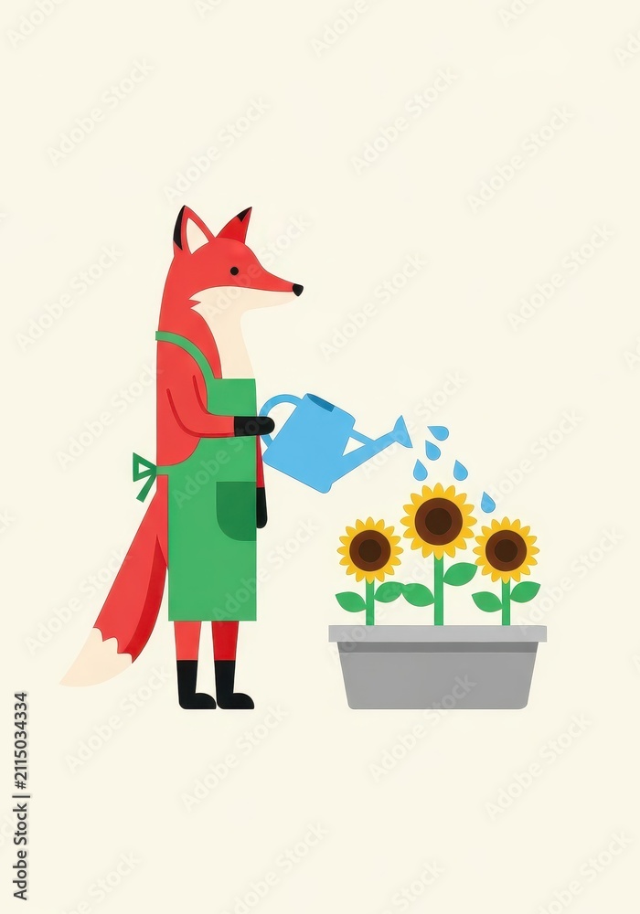 Fototapeta premium Cute Cartoon Red Fox in Green Apron Watering Sunflowers in a Pot - Flat Vector Illustration for Gardening and Nature Themes
