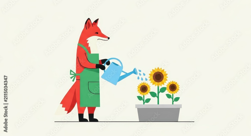 Fototapeta premium Cute Cartoon Fox Gardener Wearing Apron Watering Sunflowers in a Pot Illustration