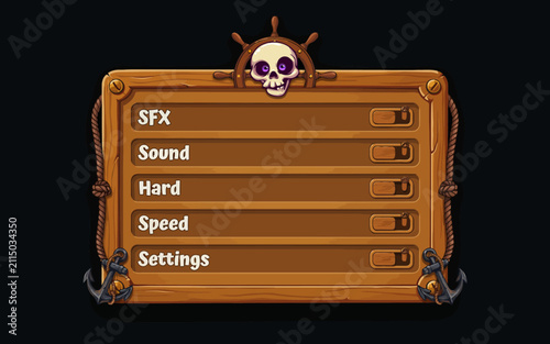 Pirate themed game settings menu with wooden chest and skull graphic