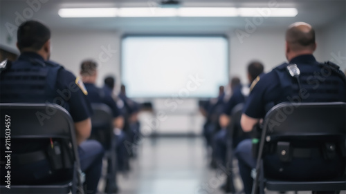 Blurred image of police officers in uniform attending a briefing in front of a presentation screen