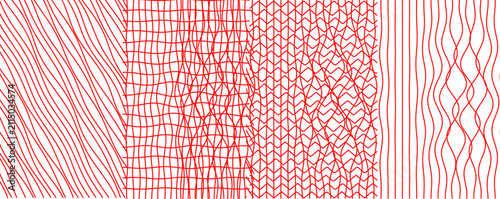 Minimalist red line pattern set, abstract geometric texture collection, hand-drawn hatching and wavy line vector backgrounds for graphic design