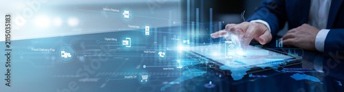Canvastavla Business manager touches the tablet to track Online Payment gateways, monitoring secure fiscal transfers across a global map to ensure reliable and fast revenue growth