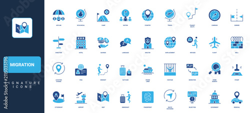 Migration, citizenship of country, foreign border wall, passport and stamp of travel visa line icon set. Migrant and refugee camp, license thin black and red outline symbols vector illustration