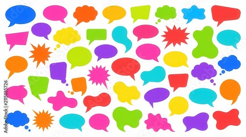 Colorful speech bubble set, vibrant comic chat clouds collection, flat vector talk balloons for social media and messaging design