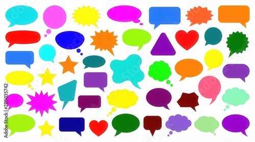 Colorful speech bubbles set, vibrant comic chat clouds collection, multi-colored message balloons for social media and communication