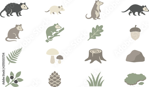 Minimalist vector set of North American opossums and forest nature elements in a soft muted color palette style