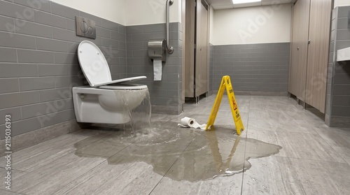 Overflowing white toilet flooding public restroom floor with water causing a dangerous wet surface hazard marked by a bright yellow caution sign in modern office