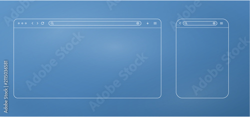 outline browser window frames on blue. thin line webpage layout for desktop and mobile. wireframe search bar screens pair. minimal linear web template design
