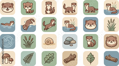Playful set of otter animal icons with rounded corners and river nature elements in a flat vector design style